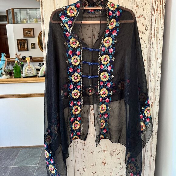 BOUTIQUE SHEER EMBROIDERED SHAWL/PONCHO - Picture 7 of 8